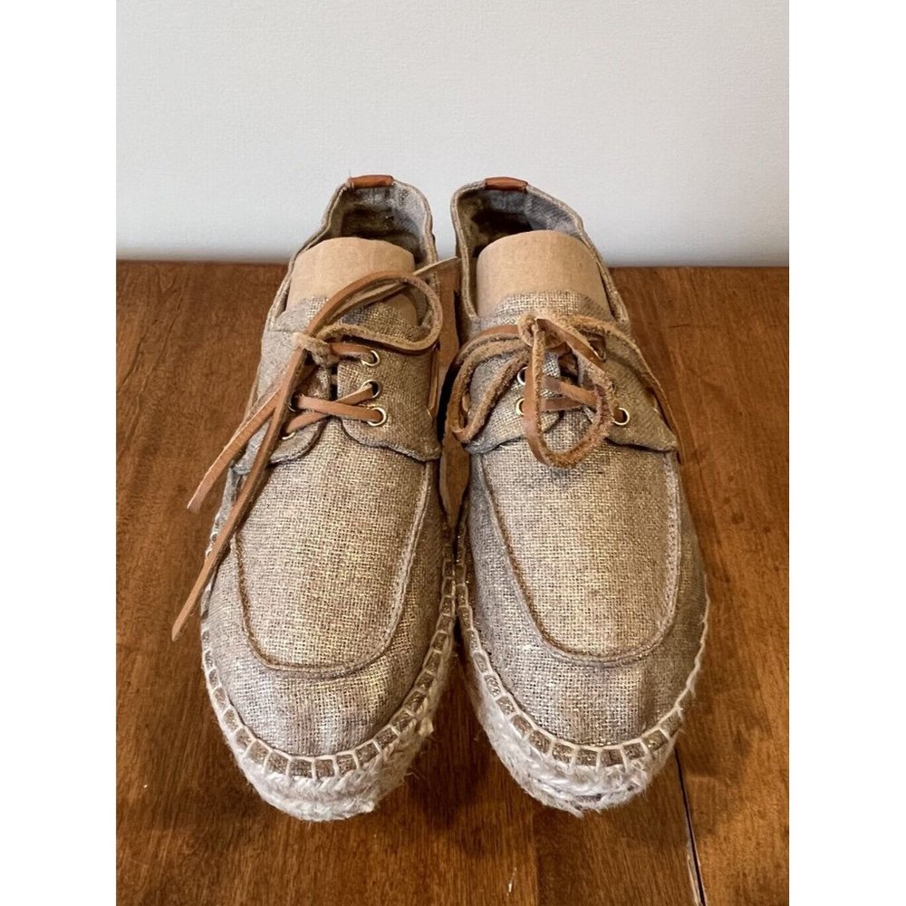 Tory Burch Gold Metallic Linen Platform Lace Up Espadrilles Boat Shoe Size 7